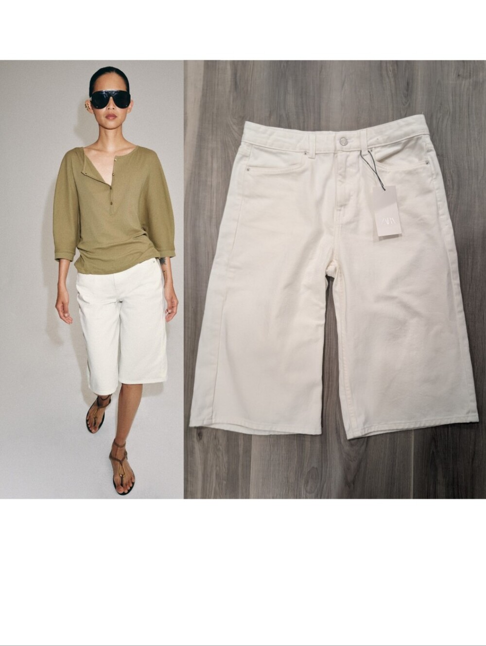 Zara | The ZW Bermuda Mid Rise Wide Leg Denim Shorts In Ecru White